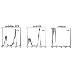 Flow cytometry data in permeabilized and fixed transfected cells using anti-Bim, mAb (3C5) (Prod. No. AG-20T-0142), anti-EE (positive control) or secondary antibody alone (negative control). Staining was visualised by FITC-conjugated goat anti-rat or anti