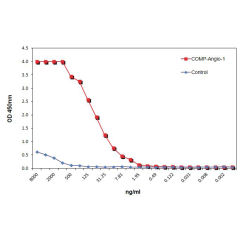 COMP (rat):Angiopoietin-1 (human) (rec.) (AG-40B-0147) binds to Tie-2 (human):Fc (human). <b>Method:</b> Tie-2 (human):Fc was coated on an ELISA plate at 1μg/ml. After blocking and washing steps, indicated concentrations of COMP (rat):Angiopoietin-1 (huma