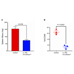 IL-1Ra (mouse) (monomer):Fc (silent) InVivoKine™ (Prod. No. AG-40B-0254) inhibits leukemia tumor growth in vivo. <b>Method:</b> CCRF-SB leukemia B cells are injected via intracardiac injection in BALB/cJ Rag1−/− and IL2rg-/-. After 10 days, IL-1Ra (mouse)