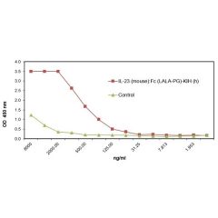 IL-23R (human) (rec.) (His) (Prod. No. AG-40B-0273) binds to its ligand mouse IL-23.<br /><b>Method:</b> IL-23R (human) (rec.) (His) is coated on an ELISA plate at 1µg/ml overnight at room temperature. IL-23 (mouse):Fc (LALA-PG)-KIH (human) (rec.) (Prod. 