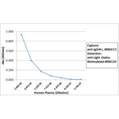 Sandwich ELISA using RM217 as the capture antibody, and Biotinylated anti-human light chains ( κ+ λ) antibody RM129 as the detection antibody, followed by an AP conjugated streptavidin.