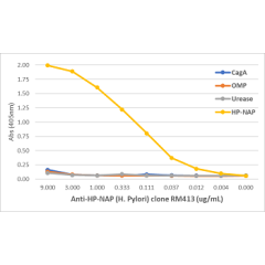 An ELISA of Helicobacter Pylori proteins using Anti-Urease Rabbit Monoclonal Antibody Clone RM412. The plate was coated with 1 ug/mL of CagA, OMP, Urease, or HP-NAP of H. Pylori. A serial dilution of RM412 was used as the primary antibody. An alkaline pho