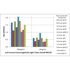 ELISA shows that clone RM129 reacts only to the kappa and lambda light chains in all human immunoglobulins, and does not react to mouse IgG, rat IgG, or goat IgG.