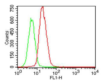 Intracellular flow cytometry analysis in human TLR5 transfected cell line using anti-TLR5 (human), mAb (ABM22G1) (AG-20T-0304F) (FITC) at 0.5?g/106 cells. Green represents isotype control; red represents FITC-conjugated anti-TLR5 (human), mAb (