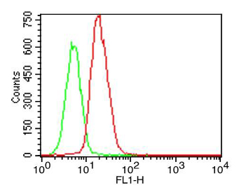 Intracellular flow cytometry analysis in human TLR5 transfected cell line using anti-TLR5 (human), mAb (ABM22G1) (AG-20T-0304F) (FITC) at 0.5microg/106 cells. Green represents isotype control; red represents FITC-conjugated anti-TLR5 (human), mAb (