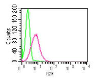 Intracellular flow cytometry analysis in human PBMC (lymphocytes) using anti-TLR9, mAb (ABM1C51) (R-PE) (AG-20T-0308R) at 0.5microg/106 cells. Green represents isotype control; red represents R-PE-conjugated anti-TLR9, mAb (ABM1C51).