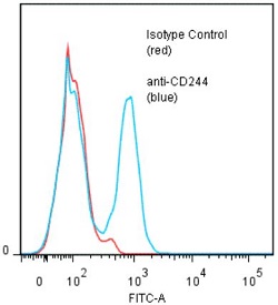 Binding of anti-CD244 (ANC244.8/8F7) +GAM/FITC to human PBL. Method: Five x 10^5 ficoll prepared human PBMC were washed and incubated 45 minutes on ice with 80ul of anti-CD244 (clone ANC244.8) antibody at 10ug/ml. Cells were washed twice and incubated with 2nd reagent Goat anti-Mouse IgG/FITC (#ANC-232-011), after which they were washed three times, fixed and analyzed by FACS using a lymphocyte gate. A net 43% sub population of cells stained positive with a mean shift of 0.83 log10 fluorescent units when compared to a Mouse IgG1 negative control (#ANC-278-010).