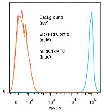Binding of human IgG1kappa/APC to ICO-97-coated CML beads. Method: huIgG1kappa/APC was tested for binding to anti-human IgG (clone ICO-97)-coated 4micro beads in FACS (Inquire). Approximately 5 x 10^5 beads per tube were spun down and incubated 45 min at 4°C with 80microl of huIgG1kappa/APC at a 1:50 dilution (10microg/ml). Tubes were washed twice, fixed and analyzed by FACS. Beads stained positive with a mean shift of 3.45 log10 fluorescent units when compared to a buffer background. Binding was blocked when beads were pre-incubated 10 min with 20microl of 0.5 mg/ml unlabeled huIgG1kappa antibody (#ANC-295-010). Binding of human IgG1kappa/APC to ICO-97-coated CML beads. Method: huIgG1kappa/APC was tested for binding to anti-human IgG (clone ICO-97)-coated 4micro beads in FACS (Inquire). Approximately 5 x 10^5 beads per tube were spun down and incubated 45 min at 4°C with 80microl of huIgG1kappa/APC at a 1:50 dilution (10microg/ml). Tubes were washed twice, fixed and analyzed by FACS. Beads stained positive with a mean shift of 3.45 log10 fluorescent units when compared to a buffer background. Binding was blocked when beads were pre-incubated 10 min with 20microl of 0.5 mg/ml unlabeled huIgG1kappa antibody (#ANC-295-010).