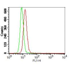 Intracellular flow cytometry analysis of TLR3 in THP-1 cell line using 0.5µg/106 cells of anti-TLR3 (human), mAb (ABM15D5) (FITC) (AG-20T-0301F). Green represents isotype control; red represents FITC-conjugated anti-TLR3 (human), mAb (ABM15D5).