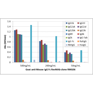 ELISA of mouse immunoglobulins shows RMG05 reacts to the Fab region of mouse IgG1, IgG2a, IgG2b, and IgG3; no cross reactivity with IgM, IgA, IgE, human IgG, rat IgG, and rabbit IgG. The plate was coated with 50 ng/well of different immunoglobulins. 500 n