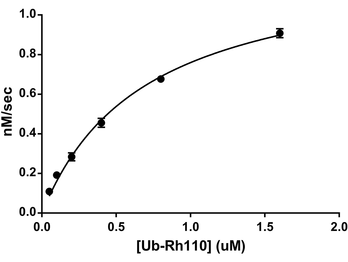 Michaelis?Menten Kinetics: Ubiquitin Rhodamine 110 serially diluted from 1.6 to 0.05?M was digested with 30pM UcHL3 over time. The assay was carried out in a reaction buffer of 50mM HEPES pH 7.5, 100mM NaCl, 1mM TCEP, 0.1mg/ml BSA, at 25?C. Initial