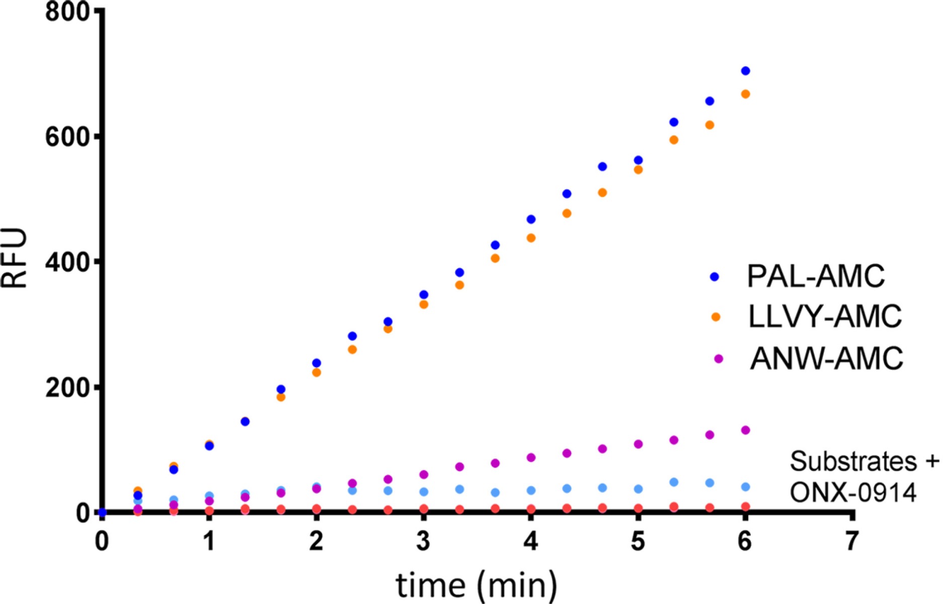 20S Immunoproteasome Activity Raw Data Output: Several wells of Immunoproteasome shown digesting LLVY, PAL, and ANW-AMC over time +/- 1x (40microM) inhibitor (ONX-0914).